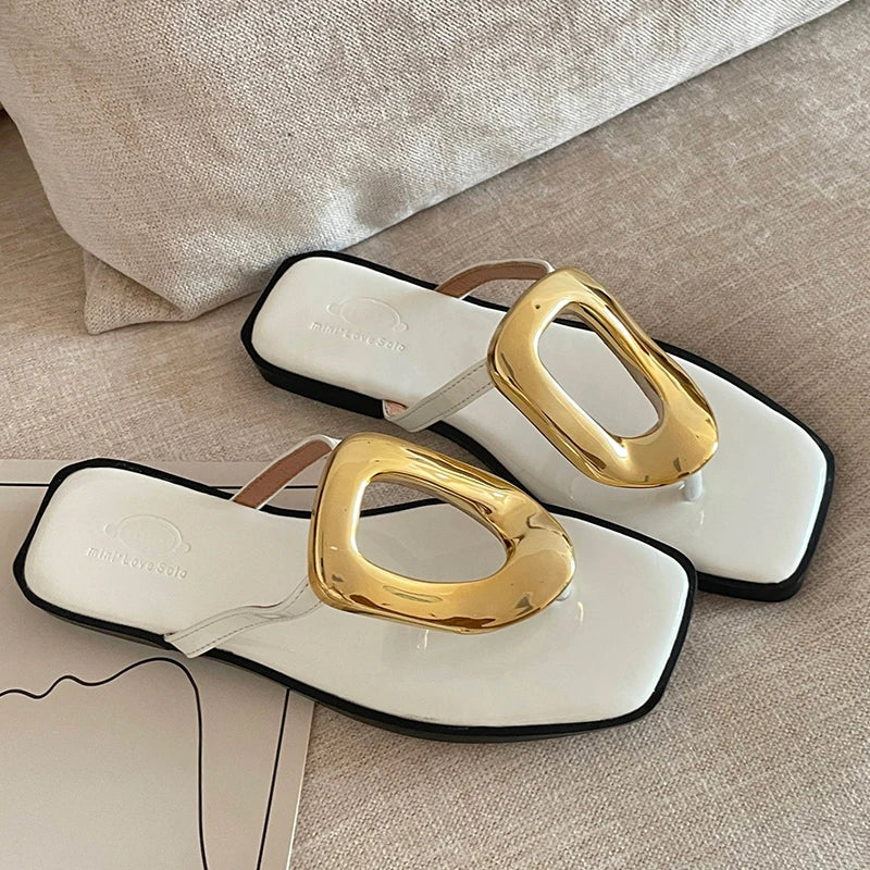 New In 2025 Luxury Women Slippers Summer Beach Fashion Metal Flip Flops Female Slides Slippers Ladies Flats Sandals Shoes