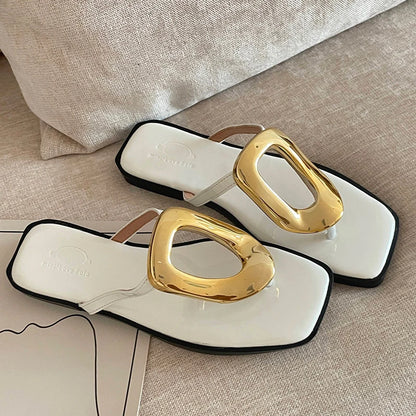 New In 2025 Luxury Women Slippers Summer Beach Fashion Metal Flip Flops Female Slides Slippers Ladies Flats Sandals Shoes