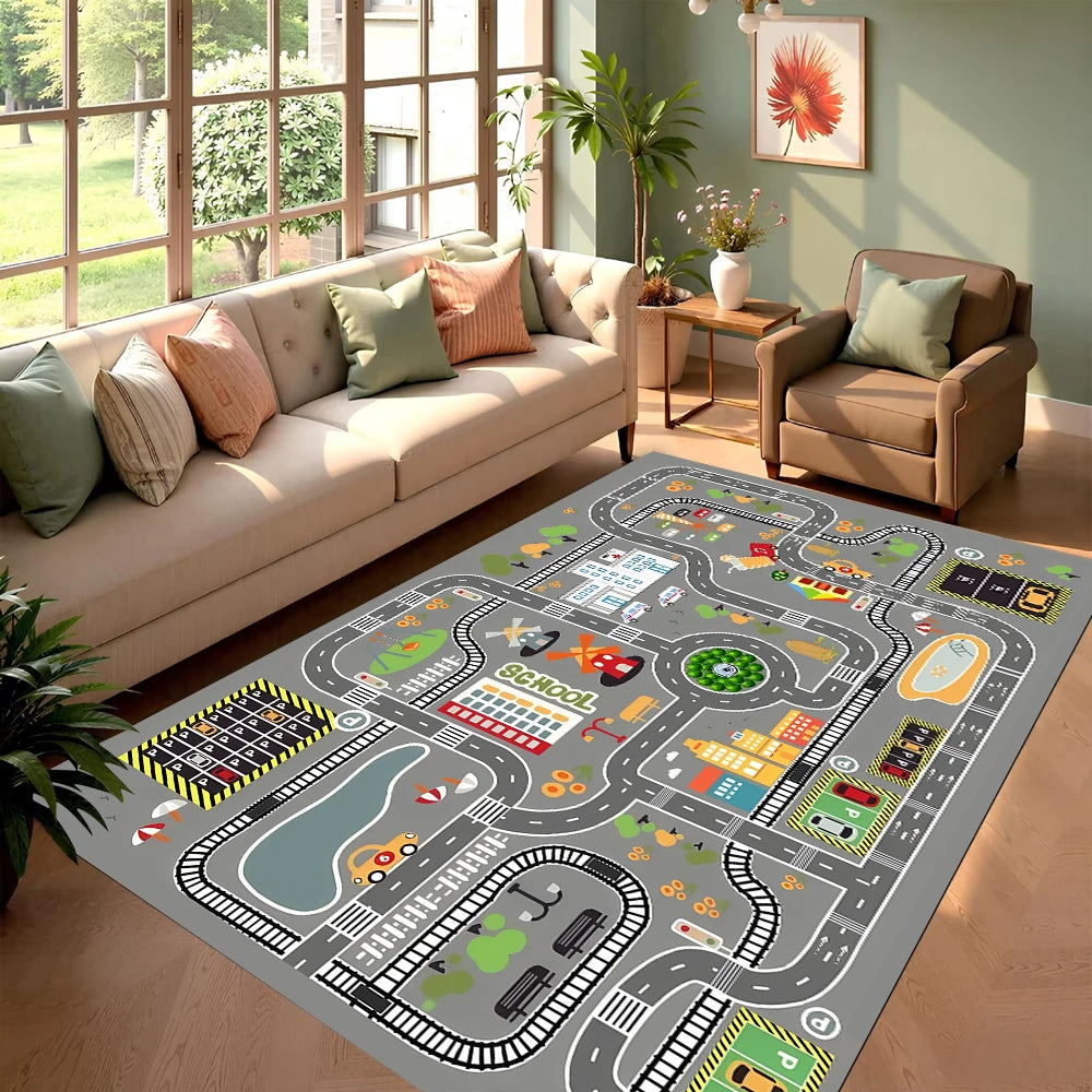 Dynamic Racing Track Game Carpet Race Circuit Area Rug Non Slip Floor Mat for Kids Room Playroom Home Decoration Bedroom Decor