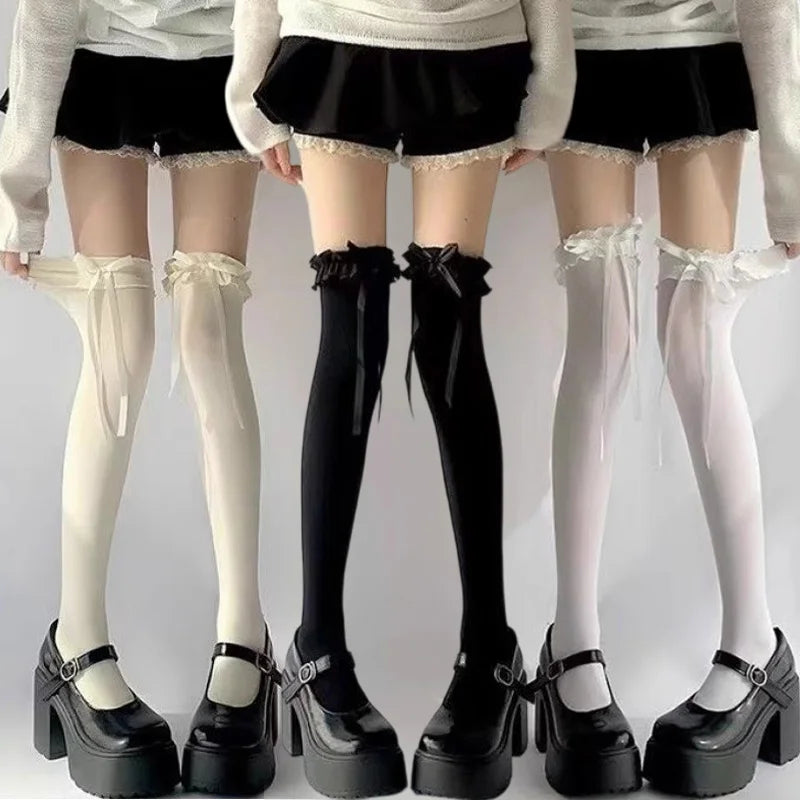 1/2/3pairs Japanese Lolita Jk Knee High Long Sock Black White Bow Ribbon Stockings Sexy Lace Thigh High Socks Sweet Cute Hosiery