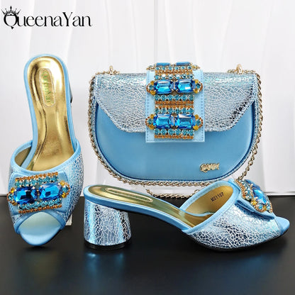 Hot Selling Fashion Mature  Brushed Style Rainbow Color Rhinestone Decoration Design Party Wedding Lady High Heels and Bag Set