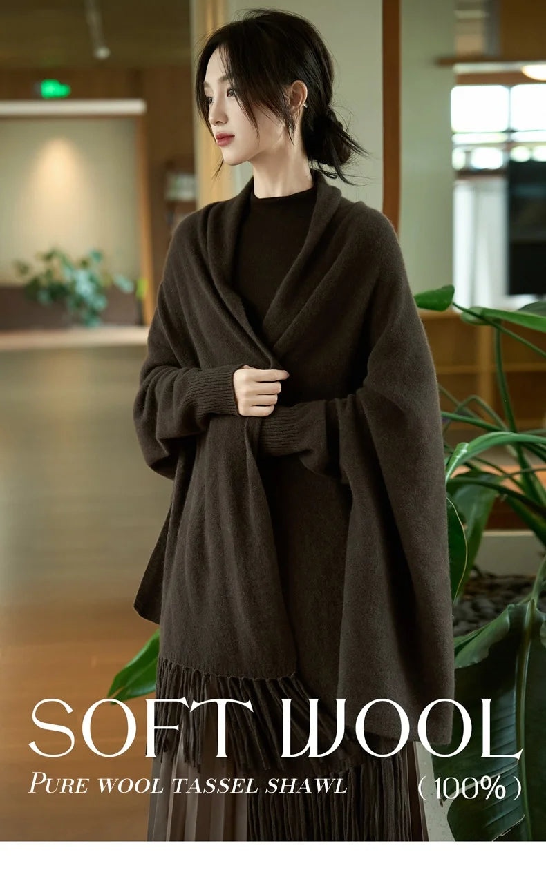 Light Luxury Autumn Winter Woman Shawl Elegant Female 100% Merino Wool Knitwear New Fashion Ladies Tassel Scarf Solid Jersey