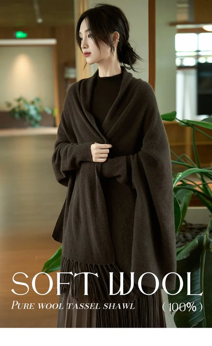 Light Luxury Autumn Winter Woman Shawl Elegant Female 100% Merino Wool Knitwear New Fashion Ladies Tassel Scarf Solid Jersey