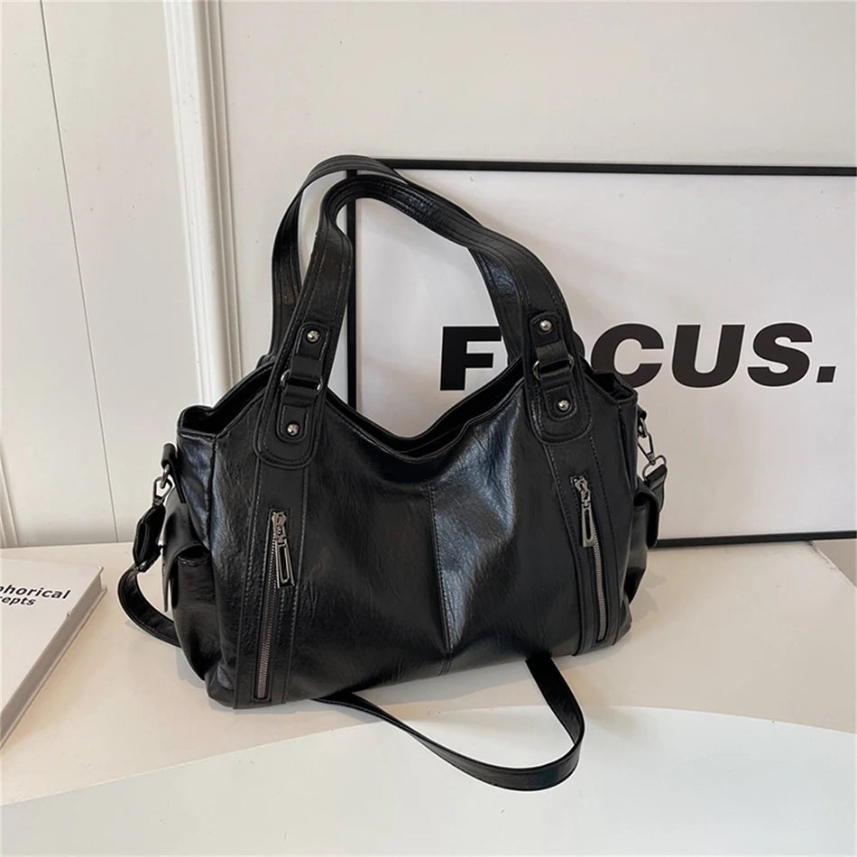New Large Capacity Soft Leather Women's Handbag Fashion Trend Designer Women Shoulder Bag Simple Retro Female Travel Bags Sac