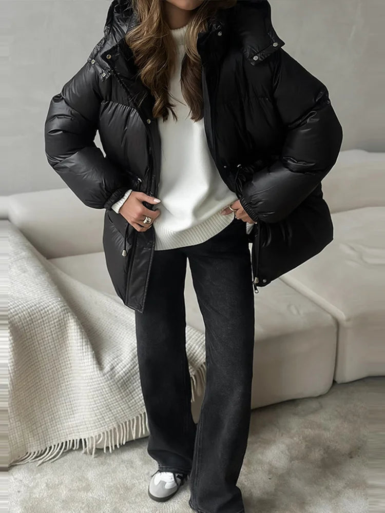 2026 Winter Warm Hooded Padded Cotton Coats Women Casual Drawstring Waist-closed Thick Jackets Female Chic Outerwear Lady New