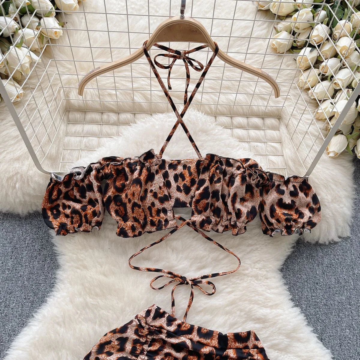 Leopard Print Suits Sexy Women Off the Shoulder Backless Crop Tops+Mini Skirts Sets Halter Drawstring Elastic Hotsweet Club Slim