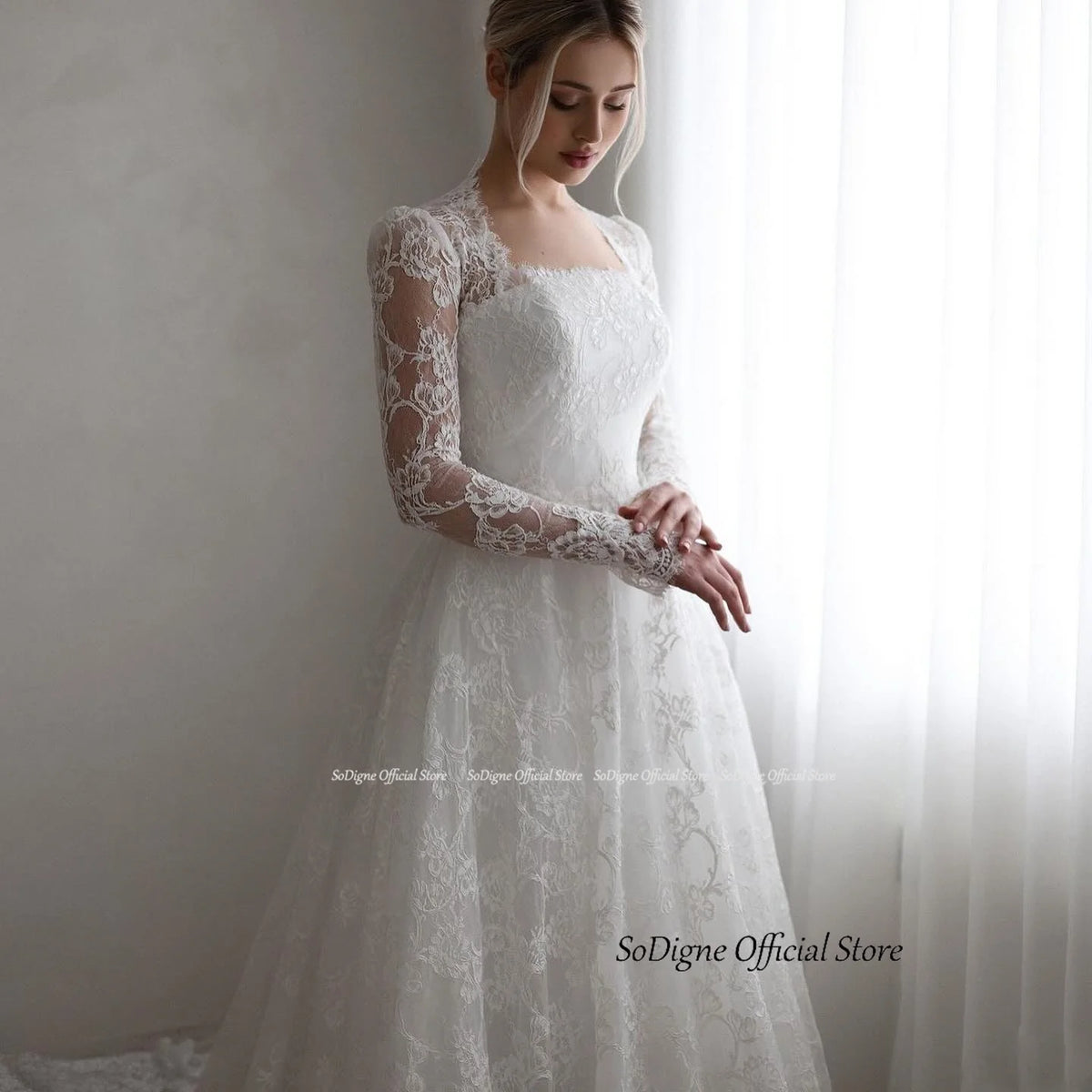 SoDigne A-line Boho Lace Wedding Dress Full Sleeves Square Collar Bride Dresses Long Bridal Gowns Vestidos De Novia Customized