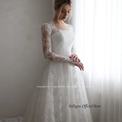 SoDigne A-line Boho Lace Wedding Dress Full Sleeves Square Collar Bride Dresses Long Bridal Gowns Vestidos De Novia Customized