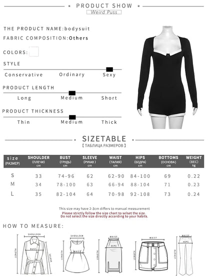 Weird PussWhite Edging Playsuit Women 2025 Spring Square Collar  Skinny Stretch  Long Sleeve Romper Streetwear Tight Overalls