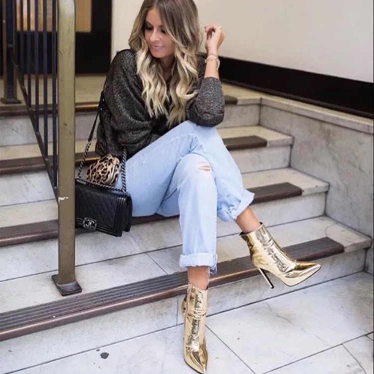 Design Ankle Boots Women Fashion Zipper Pointed  High Heels Gold Silver Patent Leather Short Booties Shoes Catwalk Shoes