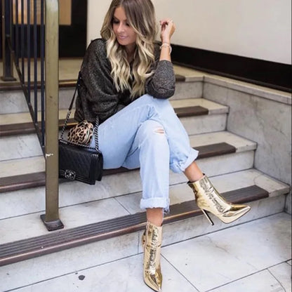 Design Ankle Boots Women Fashion Zipper Pointed  High Heels Gold Silver Patent Leather Short Booties Shoes Catwalk Shoes