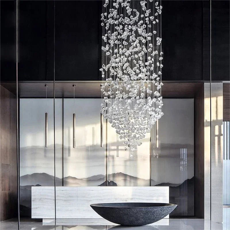 Crystal Stone Hanging Lamp Large Luxury Led Chandelier Staircase Living Room Light Fixture Long Hallway Lobby Indoor Home Lustre