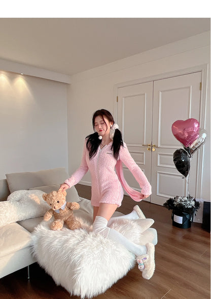 Pink Rabbit Hooded Fluffy Jumpsuits Sweet Zipper Long Sleeve Solid Color Rompers Flannel Onesie Shorts Pajamas Loungewear