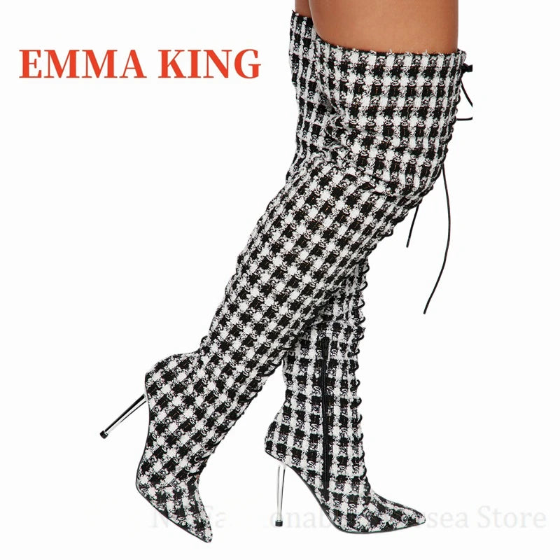 Women Plaid Lace Up Boots Sexy Pointy Toe Stiletto Heel Long Boots Ladies Fashion Footwear Non- Stretch Fabric Botas De Mujer 44