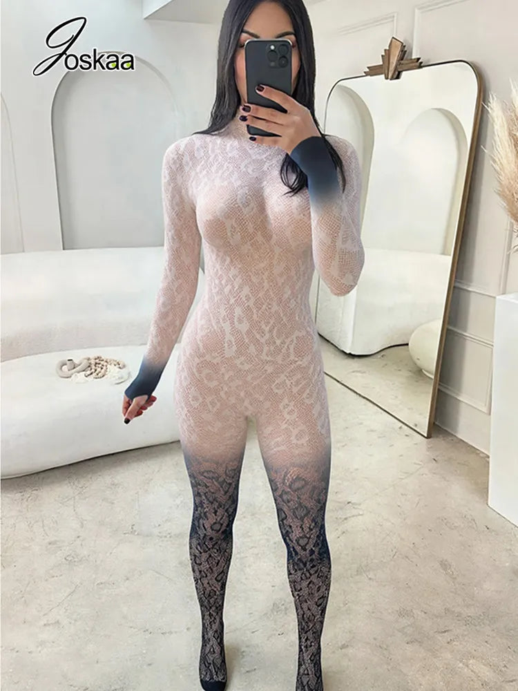 Joskaa Sexy Lace Backless Gradient Foot Jumpsuit Women Hipster O-Neck Full Sleeve Skinny Rompers Coquette Midnight Clubwear