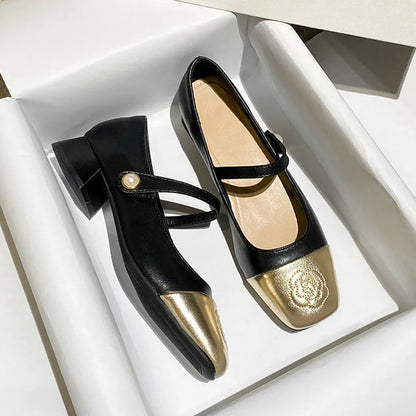 Fashion Mary Jane Women's Shoes 3cm Wide Heel Pumps Embroidered Flowers Pearl Buckle Strap Mary Jane Shoes Luxury Leather Heels
