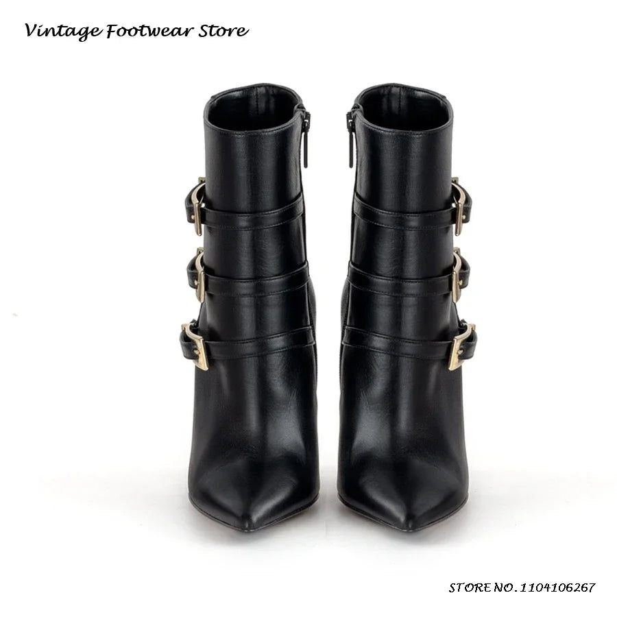 Triple Belt Buckle Leather Ankle Boots Sexy Pointed Toe 12cm High Stilleto Booties Women's Spring Autumn Side Zip Modern Boots