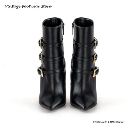 Triple Belt Buckle Leather Ankle Boots Sexy Pointed Toe 12cm High Stilleto Booties Women's Spring Autumn Side Zip Modern Boots