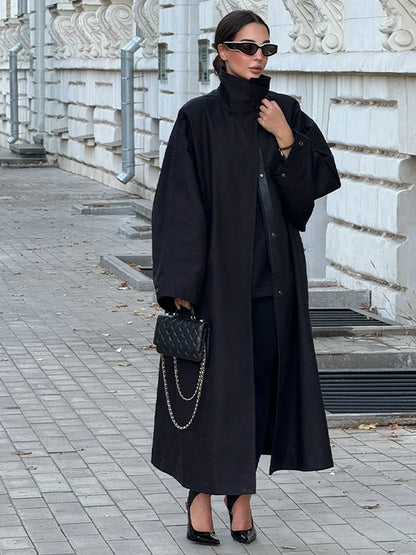 Women Black Long Solid Color Trench Coat Stand Collar Loose Drop Shoulder Single-breasted Windbreaker Lady Commute Outing Wear