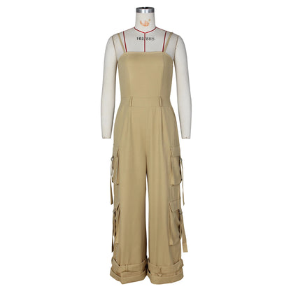 Jumpsuits Women One Piece Cargo Pant Wide Leg Long Pants Loose Casual Sling Sleeveless Overalls Y2k Strapless Solid Rompers