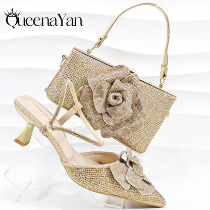 2026 Large Flower Design Shoes & Bag Nigerian Coffee Color Women's Stiletto Shoes For Special Good Time INS Style