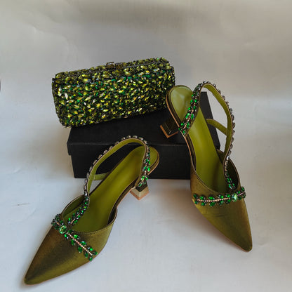 Insightlink Olive Green Rhinestone Chain Pointed Toe Heels Sparkly Crystal Ankle Strap Pumps Luxury Wedding Evening Shoes