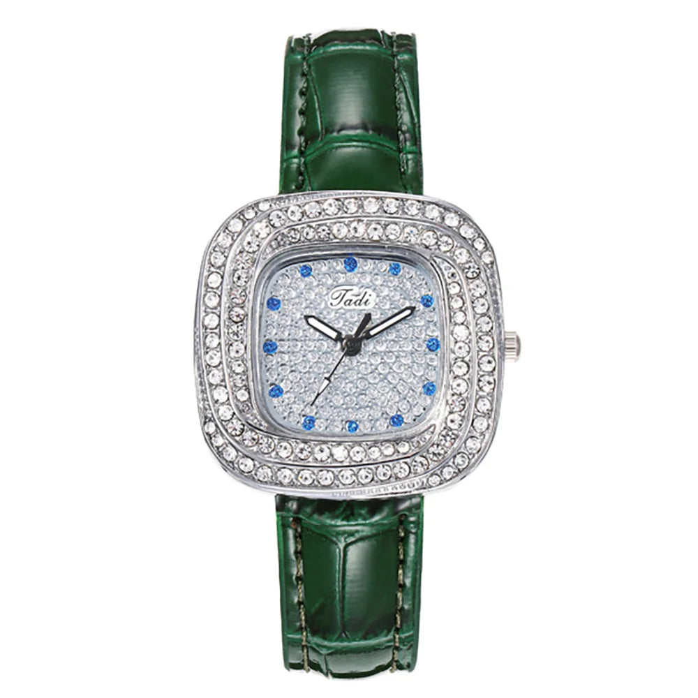 Women's 2025 New Luxury Full Star Diamonds Square Quartz Watch Business Women's Green Leather Casual Dress Clock Wristwatch