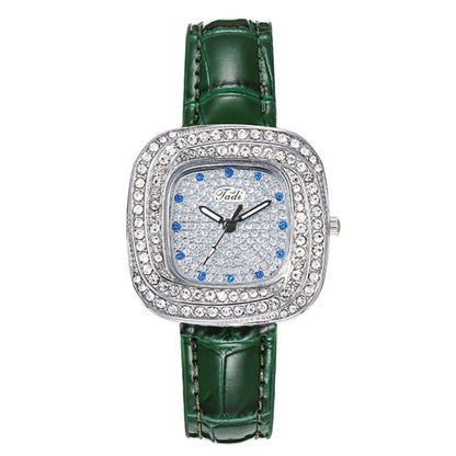 Women's 2025 New Luxury Full Star Diamonds Square Quartz Watch Business Women's Green Leather Casual Dress Clock Wristwatch