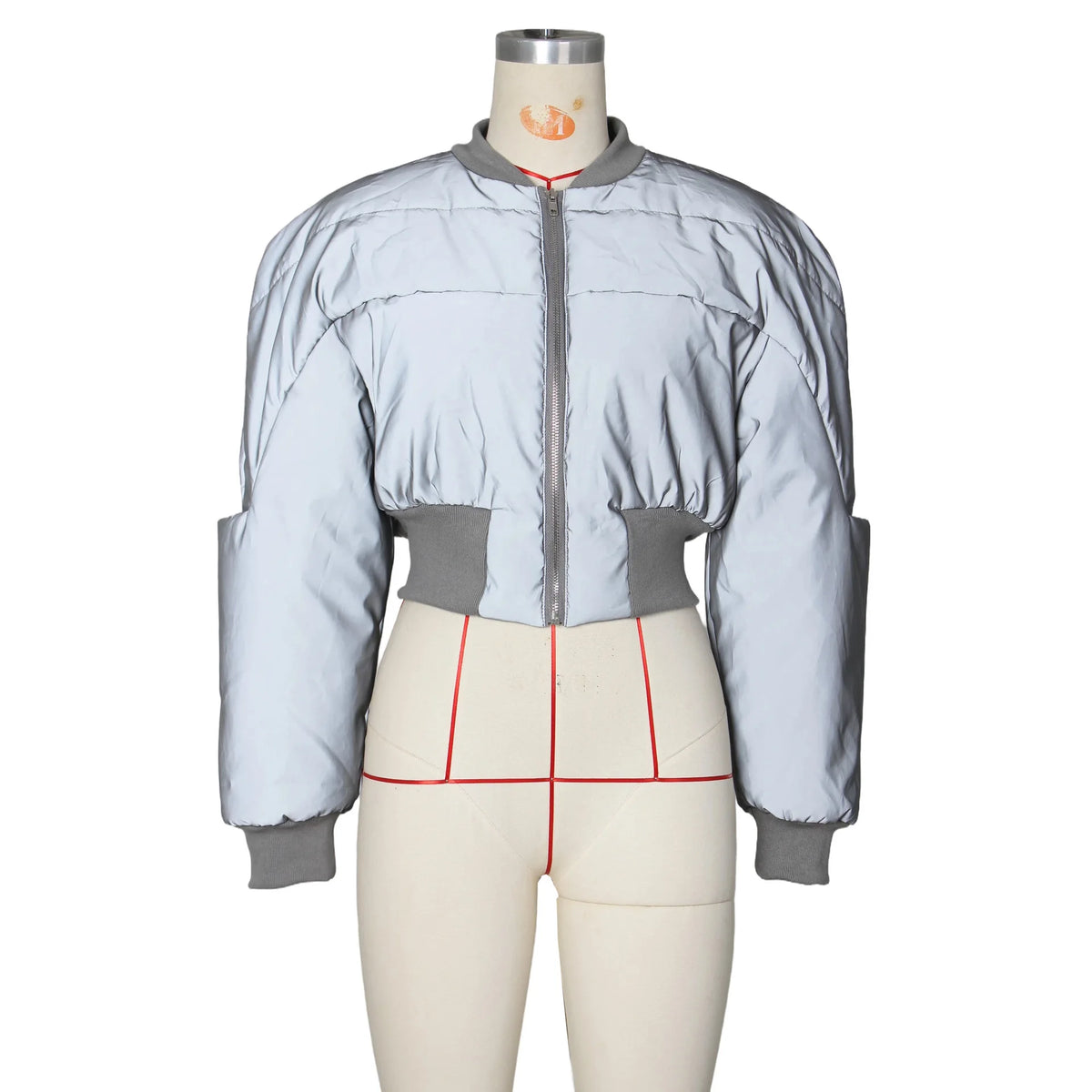 Autumn Winter Cotton Jacket Women's Fashion Round Neck Long-sleeved Zipper Drawstring Waist Warm Casual Reflective Cotton Jacket