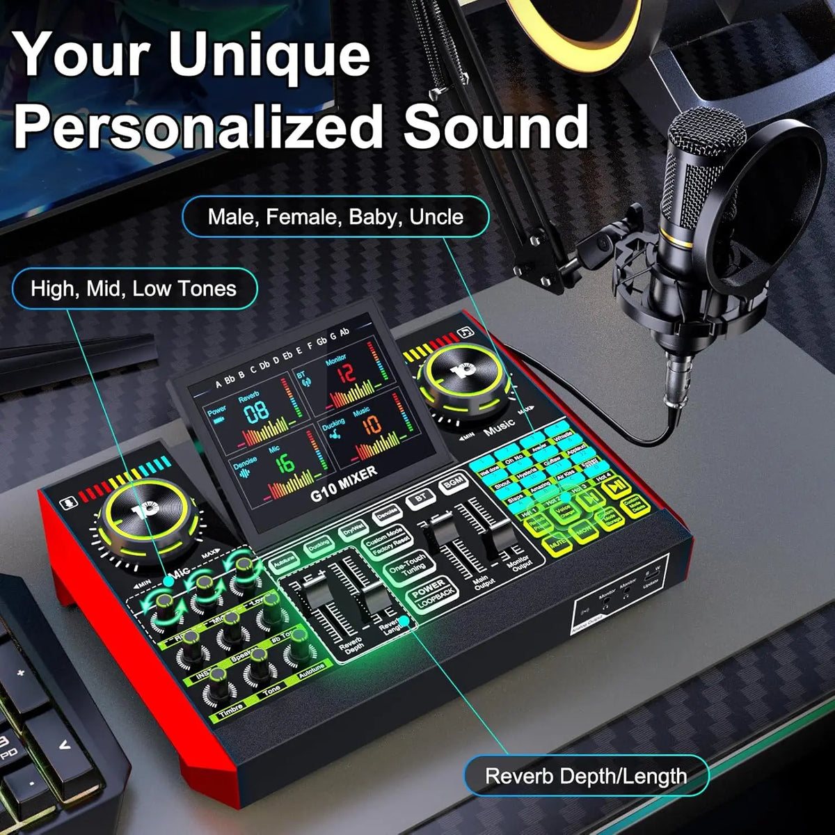 Tenlamp Plug And Play Podcast Equipment Bundle with Professional Chipset, G10 Live Streaming Audio Interface for Laptop PC, Voice Changer Denoise Reverb Sound Board Kit for Gaming Singing Vlog Living Broadcast Recording