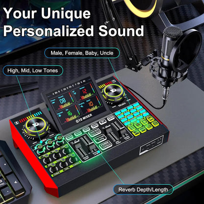 Tenlamp Plug And Play Podcast Equipment Bundle with Professional Chipset, G10 Live Streaming Audio Interface for Laptop PC, Voice Changer Denoise Reverb Sound Board Kit for Gaming Singing Vlog Living Broadcast Recording