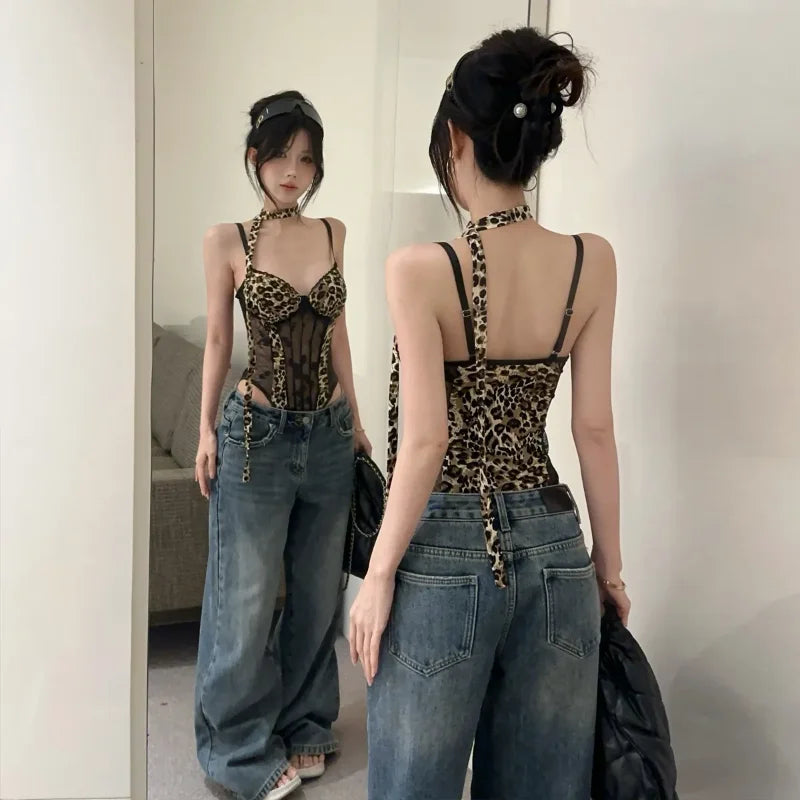 Mesh One-piece Leopard Print Suspender Vest Women's Summer American Sexy Strap Top