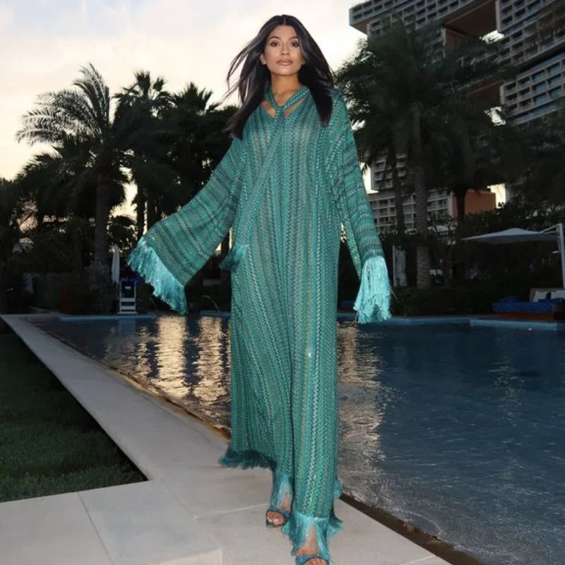 Elegant Tassel Hem Maxi Dress Women V-neck Long Sleeve with Scarf Loose Dresses 2026 NEW Spring Luxury Lady Party Evening Gowns