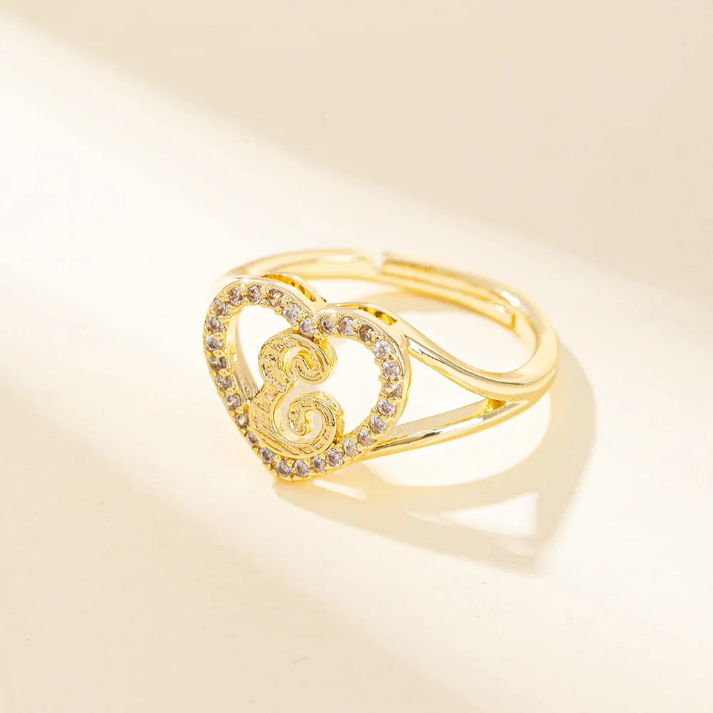 White Zircon 26 Letters A-Z Love Heart Open Adjustable Rings For Women Gold Silver Color Wedding Band Jewelry Mother's Day Gifts