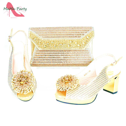 Mature Italian Women Shoes Matching Bag Set in Green Color 7 CM Comfortable Heels with Plaform Elegant Peep Toe Sandals