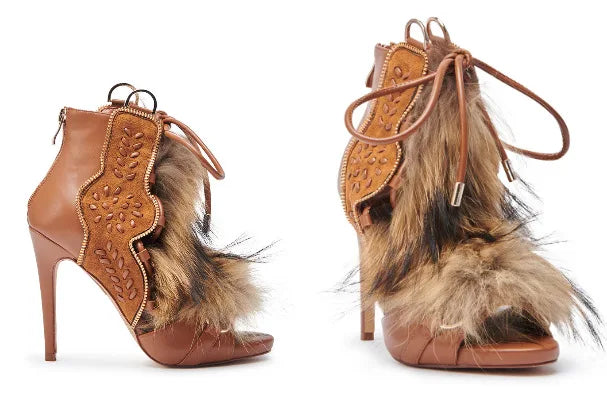 Thin High Heel Peep Toe Design Fluffy Sandals Women Fashion Strap Ankle Feather Sandals Zip Summer Show New Shoes Embroidery