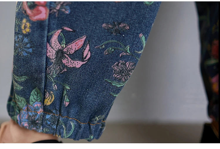 Casual Streetwear Print Floral Denim Jumpsuit Woman Loose Baggy Wide Leg Pants Rompers Big Size Pockets Straps Jeans Overalls