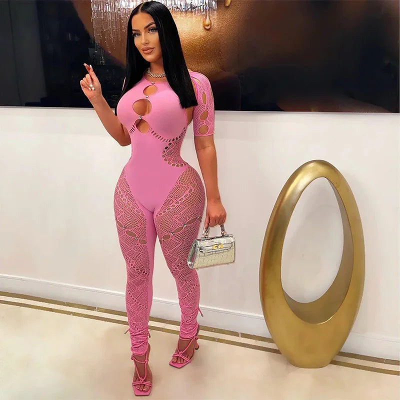 Jacquard See Through Hollow Out Skinny Jumpsuits Women Sexy Halter Short Sleeve Peach Hips Slim Night Club Rompers Lingerie