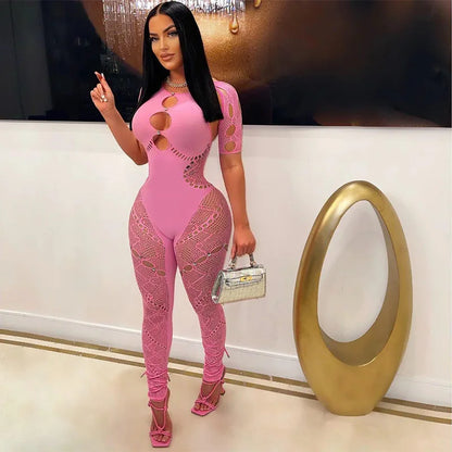 Jacquard See Through Hollow Out Skinny Jumpsuits Women Sexy Halter Short Sleeve Peach Hips Slim Night Club Rompers Lingerie