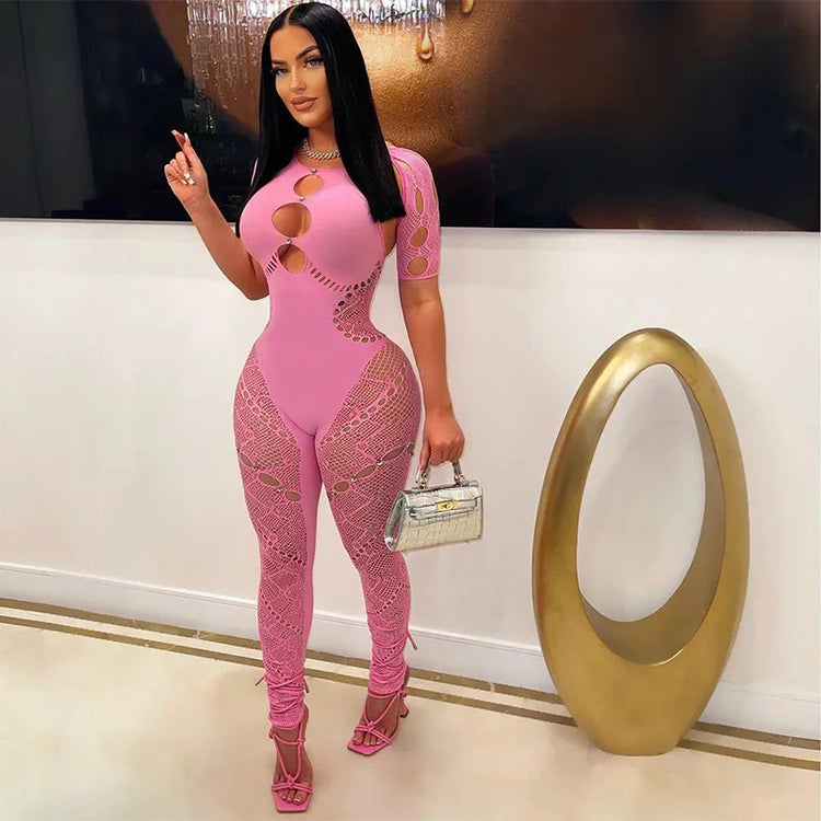 Jacquard See Through Hollow Out Skinny Jumpsuits Women Sexy Halter Short Sleeve Peach Hips Slim Night Club Rompers Lingerie