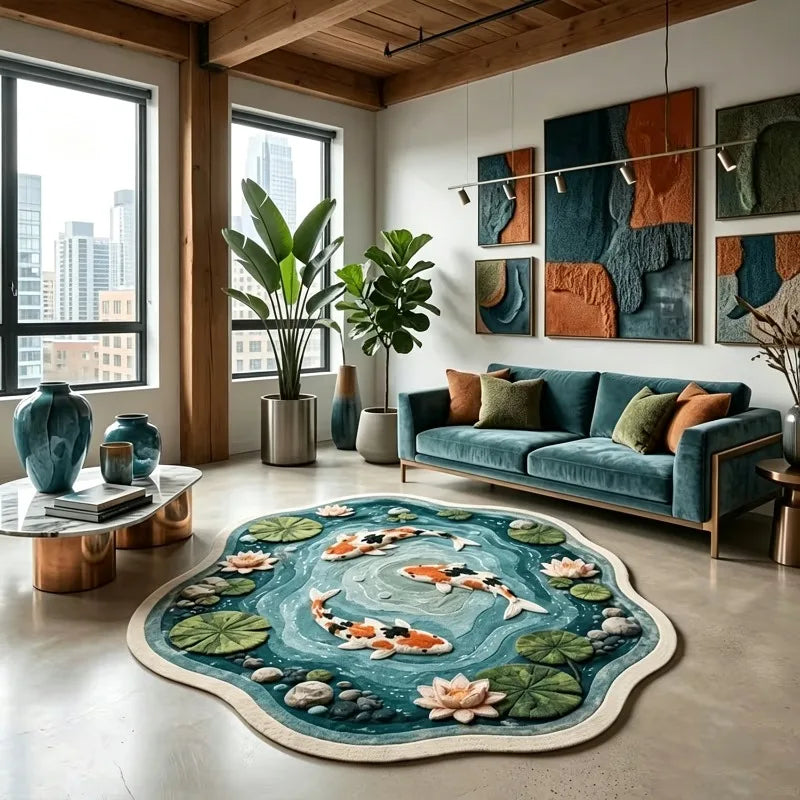 Lotus Pond Koi Fish Irregular Rug Art Pastoral Decor Living Room Carpet Bedroom Bedside Plush Rugs Soft Washable Floor Mat