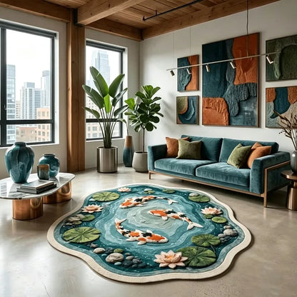 Lotus Pond Koi Fish Irregular Rug Art Pastoral Decor Living Room Carpet Bedroom Bedside Plush Rugs Soft Washable Floor Mat