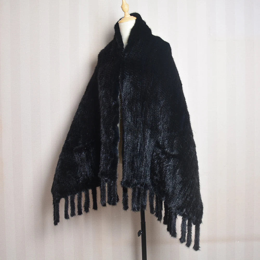 Hot Sale Women Winter Knitted Real Mink Fur Scarf Shawl Natural Warm Mink Fur Pashmina Lady Long Style 100% Genuine Fur Scarves