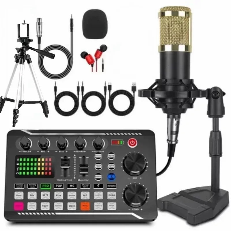 F998 Live Streaming Sound Card Kit Rechargeable Condenser Microphone With Stand Bluetooth Mixer For Streaming Recording