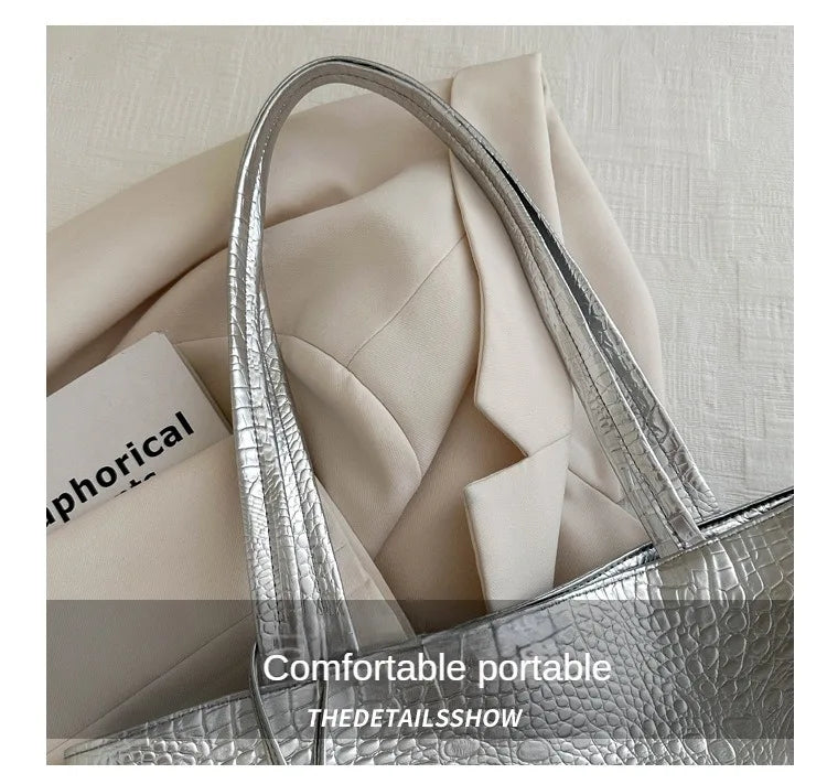 Fashion Casual Women Shoulder Bags Silver Gold Black Crocodile Handbag PU Leather Female Big Tote Bag Ladies Hand Bags Sac