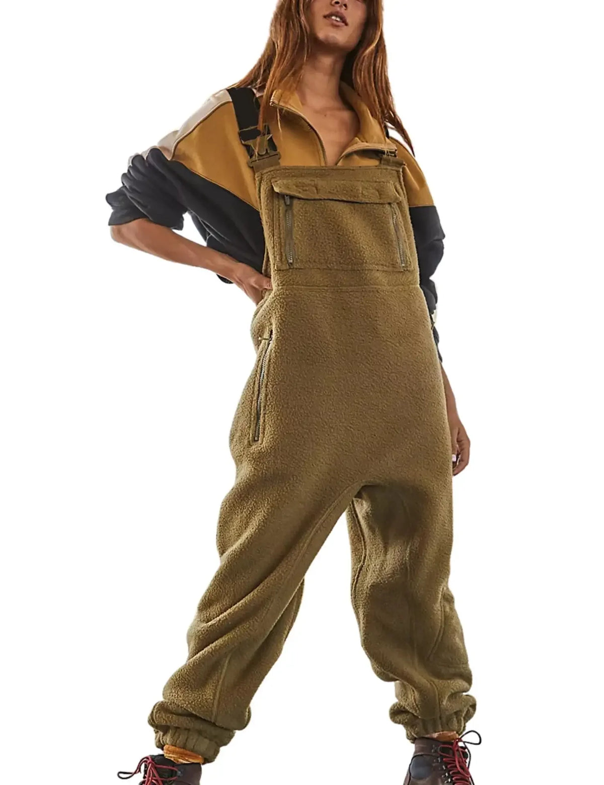 Women Fleece Warm Overalls Loose Casual Jumpsuits One-Piece Bibs Adjustable Suspender Straps Winter Fuzzy Soft Comfy Ski Pants