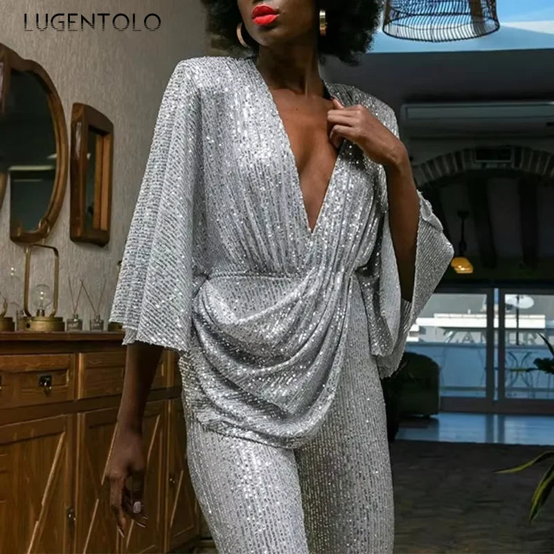 Women's Sequin Jumpsuit Sexy Deep V Backless Lady Elegant Fashion Half Sleeve Wide-leg Trousers New Party Jumpsuits