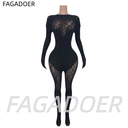 FAGADOER Sexy Knitted Patchwork Bodycon Jumpsuits Hot Girl Black See Through Hollow Out Romper Summer Night Party Club Playsuits