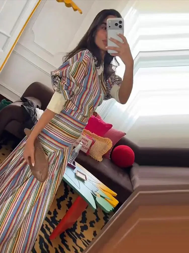 Elegant Colorful Stripe Shirt Skirt Set Women 2026 Puff Sleeve Lapel Shirts High Waist Long Skirts Autumn Lady All-matching Suit