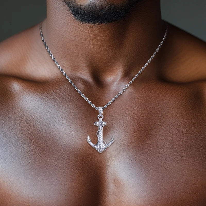MossanRappr 2.28cttw Moissanite Iced Out Anchor Pendant 14K Gold Plated Hip Hop Necklace for Men & Women Shiny Party Accessory